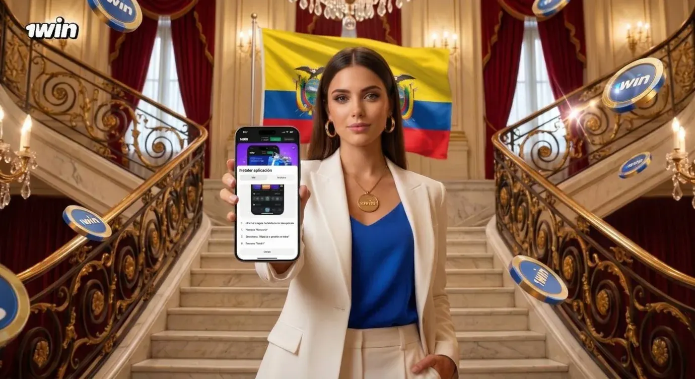 Mujer con blazer blanco muestra en su celular la instalación de la app de 1win frente a la bandera de Ecuador, en una escalera de mármol con barandas doradas y cortinas rojas